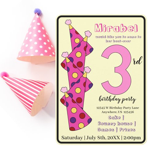 Pink Party Hats 3rd Birthday Party Kids Invitation