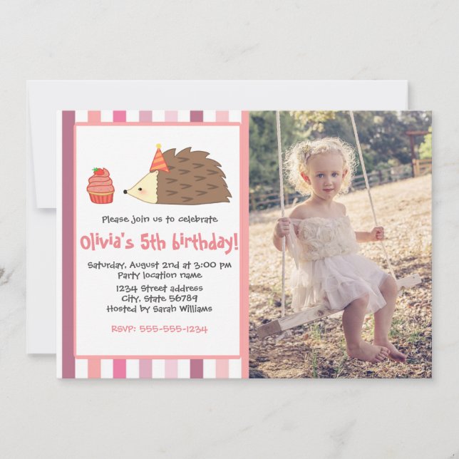 Pink Party Hedgehog and Cupcake Invitation (Front)