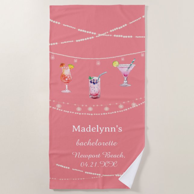 Pink Party Lights Personalized Bachelorette Party  Beach Towel (Front)