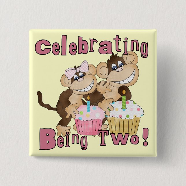 Pink Party Monkey 2nd Birthday Tshirts and Gifts Button (Front)