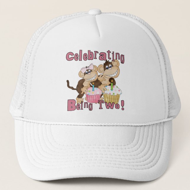 Pink Party Monkey 2nd Birthday Tshirts and Gifts Trucker Hat (Front)