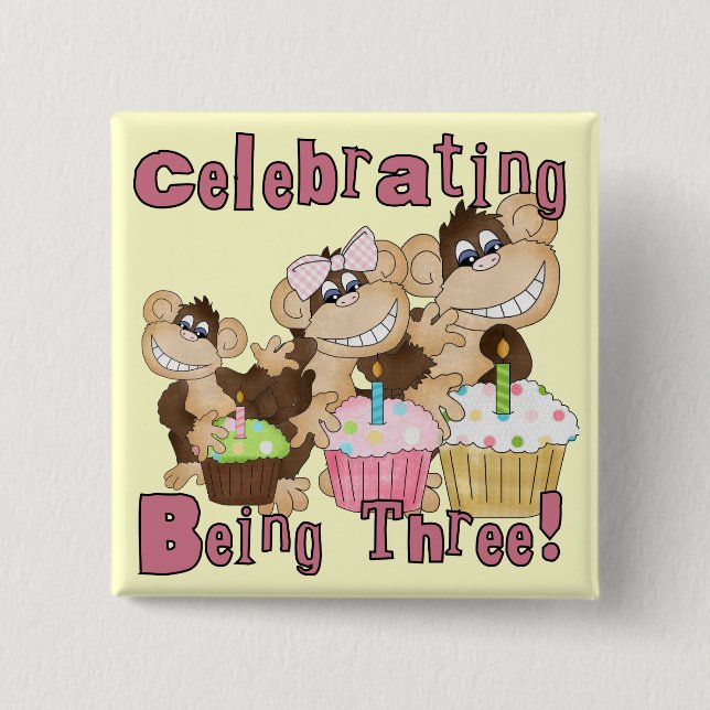 Pink Party Monkey 3rd Birthday Tshirts and Gifts Pinback Button (Front)