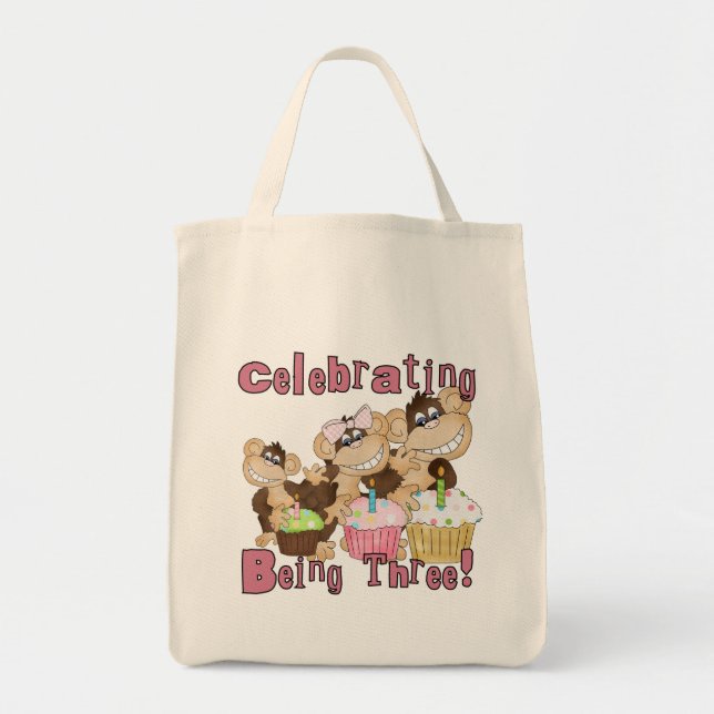 Pink Party Monkey 3rd Birthday Tshirts and Gifts Tote Bag (Front)
