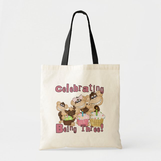 Pink Party Monkey 3rd Birthday Tshirts and Gifts Tote Bag (Front)