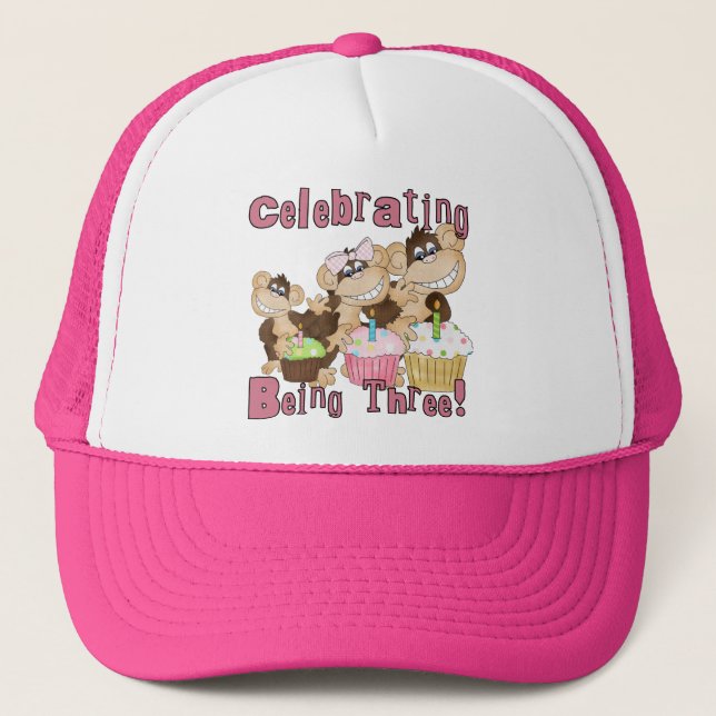 Pink Party Monkey 3rd Birthday Tshirts and Gifts Trucker Hat (Front)