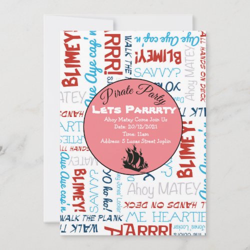 Pink Party Pirate Lingo Slang Words Invitation
