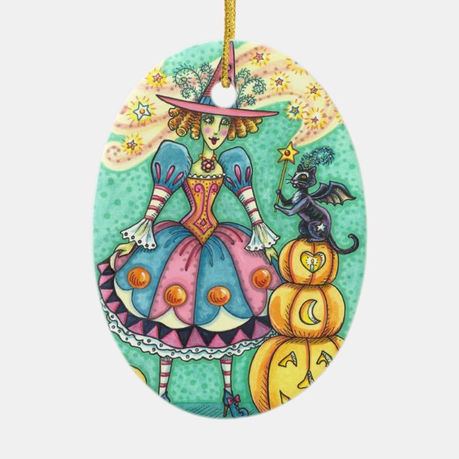 PINK PARTY WITCH IS HALLOWEEN MAGIC, BLACK CAT CERAMIC ORNAMENT (Front)