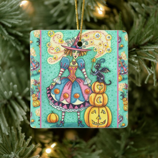PINK PARTY WITCH IS HALLOWEEN MAGIC, BLACK CAT CERAMIC ORNAMENT (Tree)