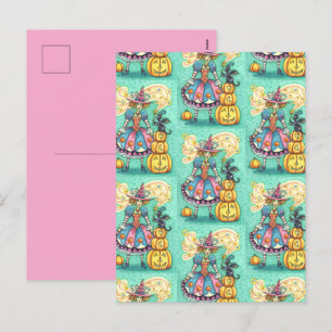 PINK PARTY WITCH IS HALLOWEEN MAGIC, BLACK CAT HOLIDAY POSTCARD