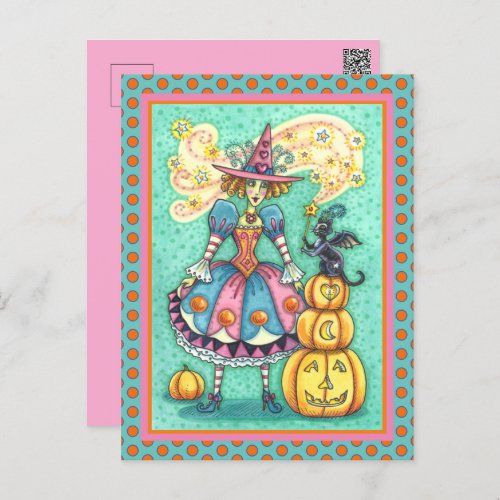 PINK PARTY WITCH IS HALLOWEEN MAGIC BLACK CAT HOLIDAY POSTCARD