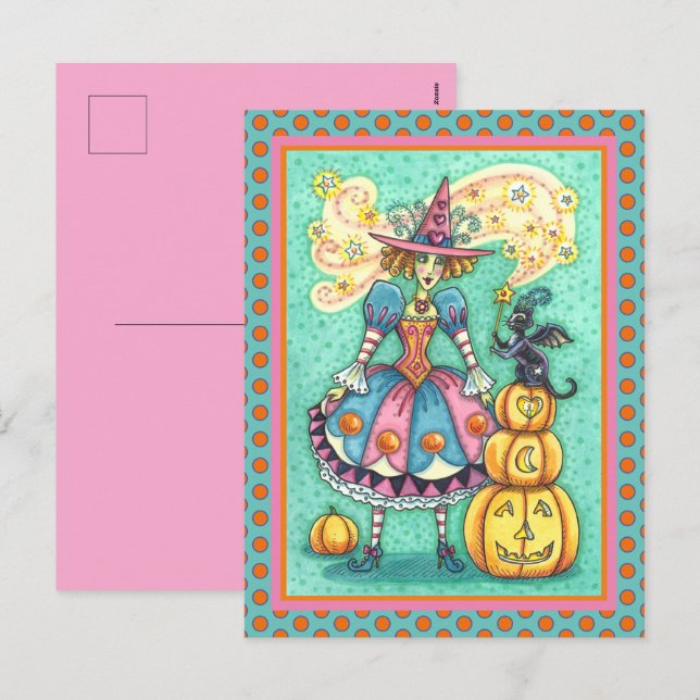 PINK PARTY WITCH IS HALLOWEEN MAGIC, BLACK CAT HOLIDAY POSTCARD (Front/Back)