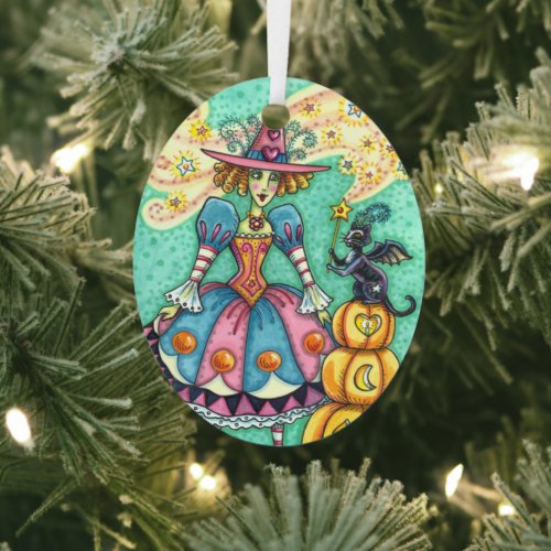 PINK PARTY WITCH IS HALLOWEEN MAGIC, BLACK CAT METAL ORNAMENT
