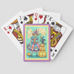 PINK PARTY WITCH IS HALLOWEEN MAGIC, BLACK CAT POKER CARDS