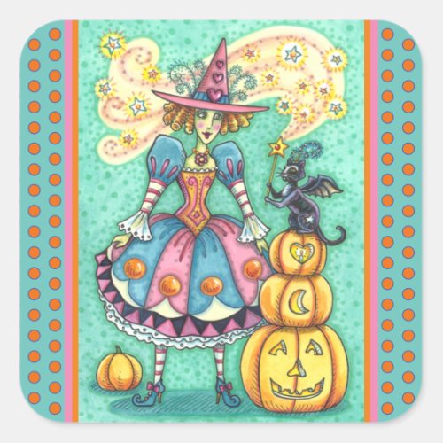 PINK PARTY WITCH IS HALLOWEEN MAGIC BLACK CAT SQU SQUARE STICKER