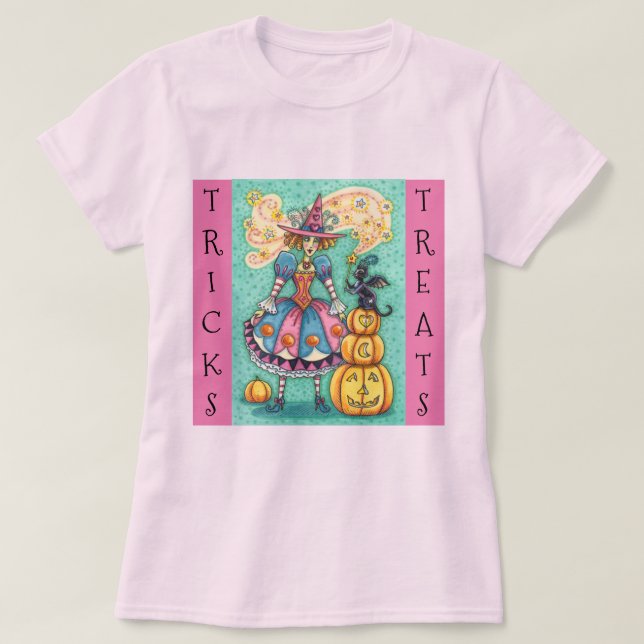 PINK PARTY WITCH, MAGIC BLACK CAT TRICK OR TREAT T-Shirt (Design Front)