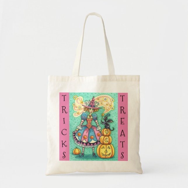 PINK PARTY WITCH, MAGIC BLACK CAT TRICK OR TREAT TOTE BAG (Front)