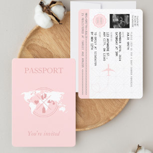 Pink Passport Travel Girl Baby Shower World Map In Invitation