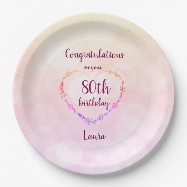 Pink pastel 80th birthday paper plates (Front)