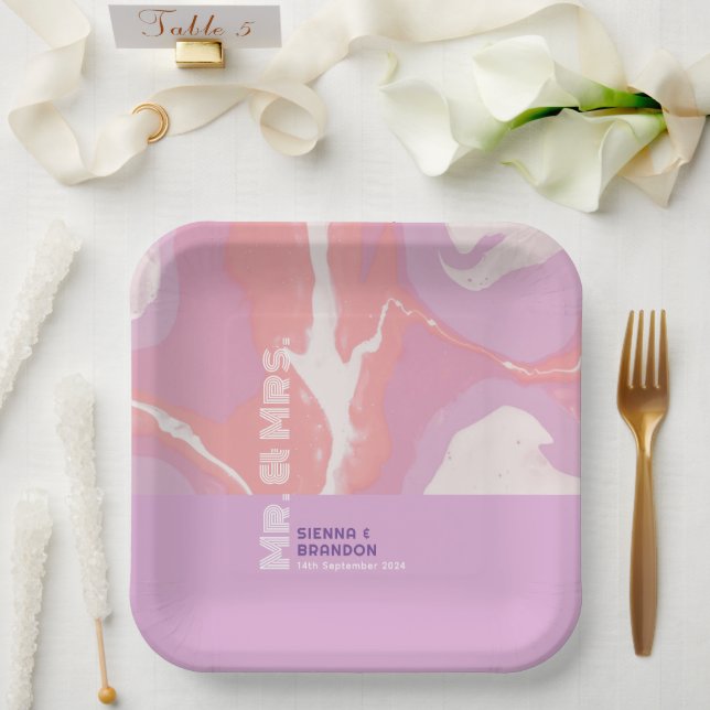 Pink Pastel Abstract Art Wedding Paper Plates (Wedding)