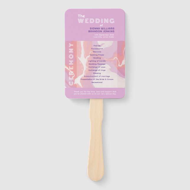 Pink Pastel Abstract Art Wedding Program Hand Fan (Front)
