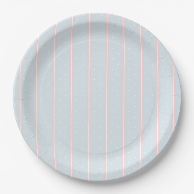 Pink, Pastel Blue, White Dots and Stripes Napkin Paper Plates (Front)