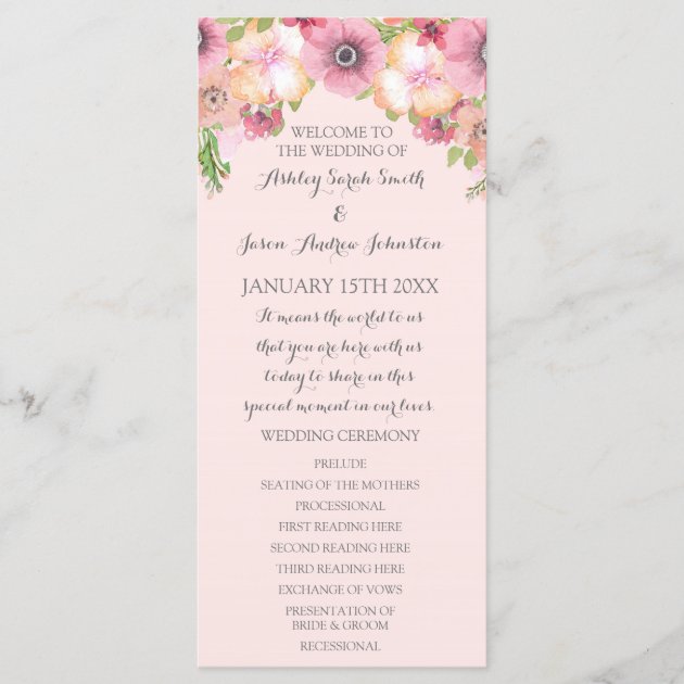 Pink Pastel Blush Floral Wedding Program