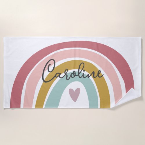 Pink Pastel Boho Rainbow Name Beach Towel