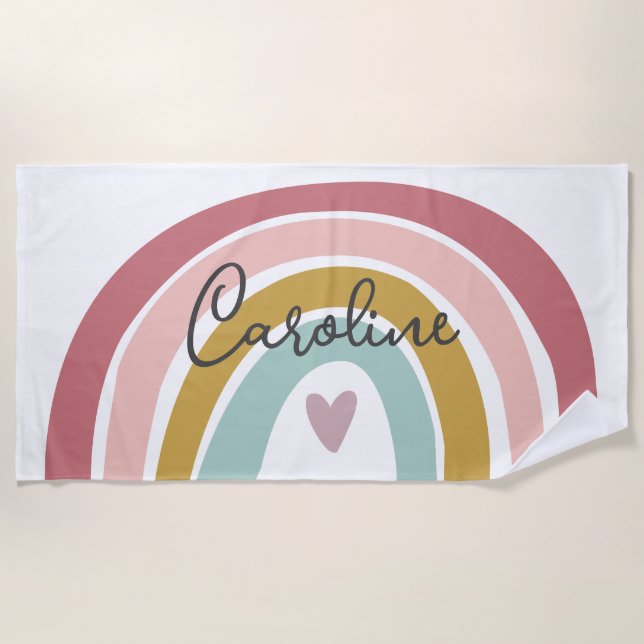 Pink Pastel Boho Rainbow Name Beach Towel (Front)