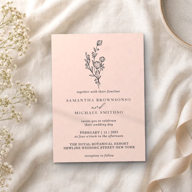Pink Pastel Bouquet Boho Minimal Botanical Invitation