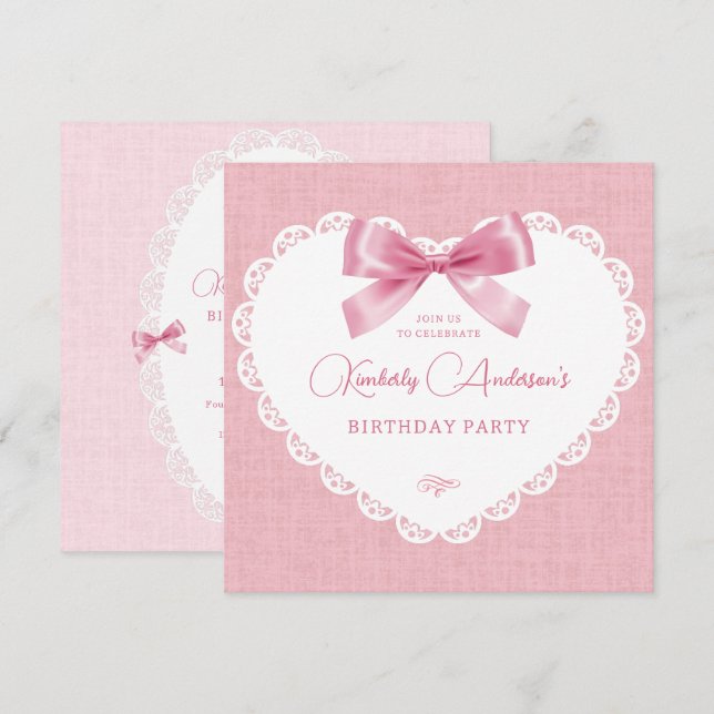 Pink pastel bow aesthetic birthday invitation (Front/Back)
