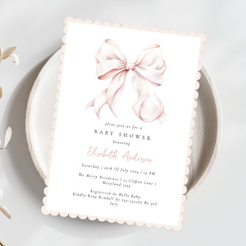 Pink Pastel Bow Baby Shower Invitation