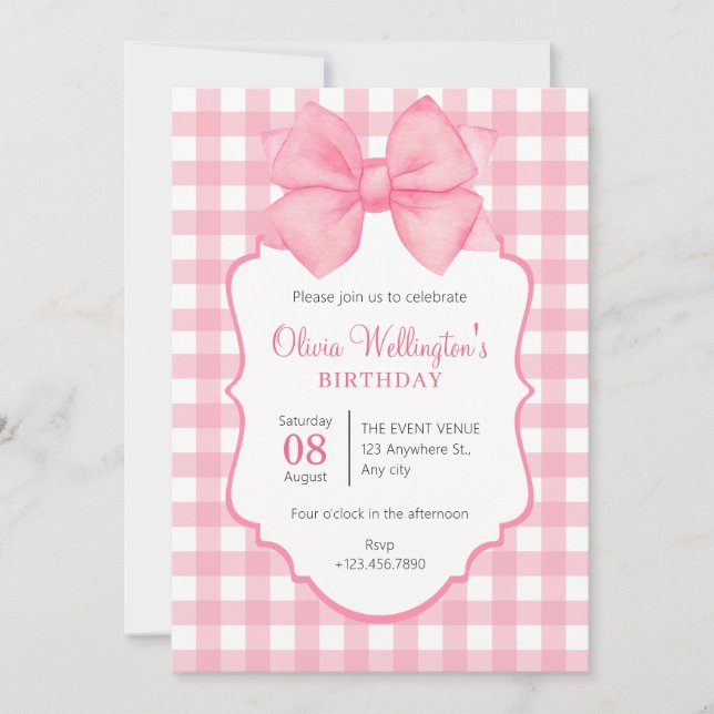 pink pastel bow birthday invitation (Front)
