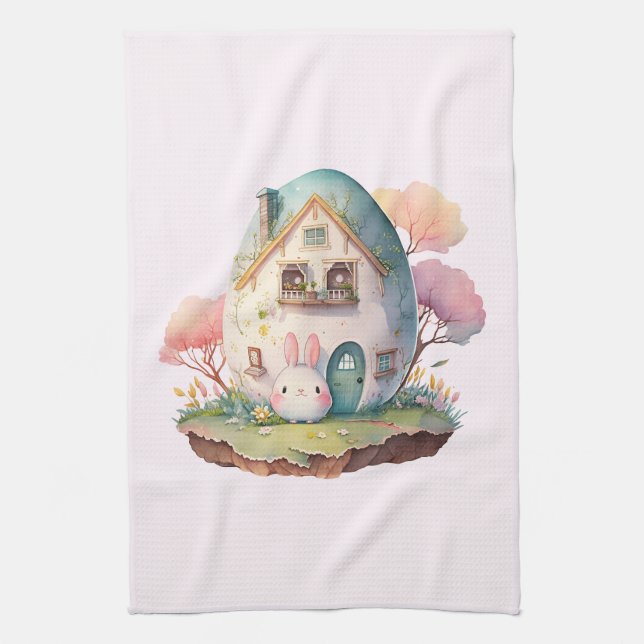 Pink Pastel Bunny & Egg House Cute Kitchen Towel (Vertical)