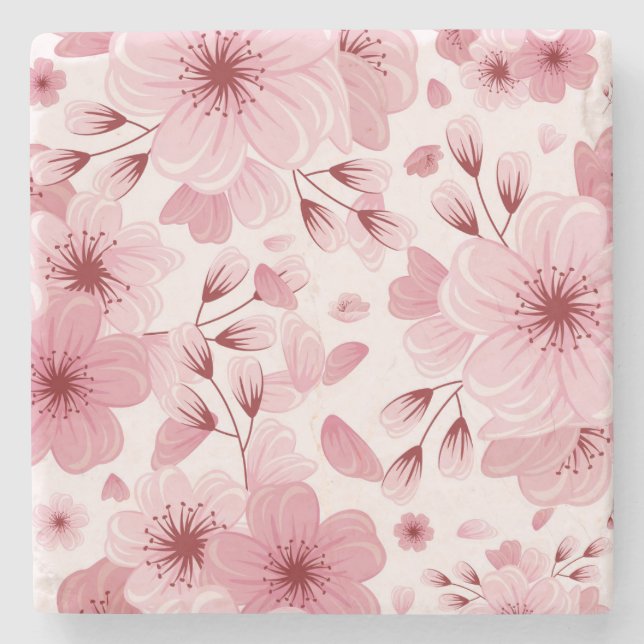 Pink Pastel Cherry Blossom Pattern Stone Coaster (Front)