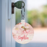 Pink pastel cherry florals monogram  keychain<br><div class="desc">Soft,  pale and delicate Cherry blossoms,  large flowers on a rustic pink wooden wall.  Template for Your monogram and name,  pink letters. Feminine and elegant.</div>