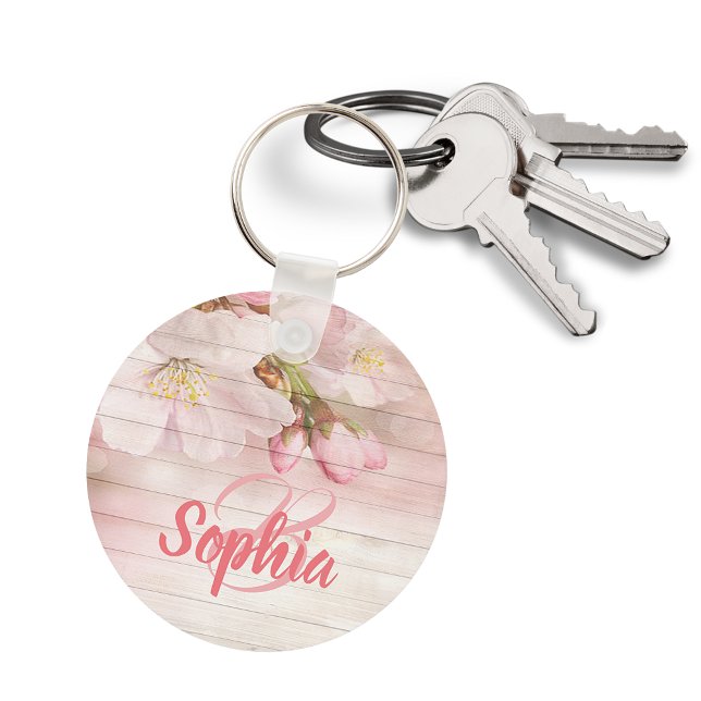 Pink pastel cherry florals monogram keychain (Creator Uploaded)
