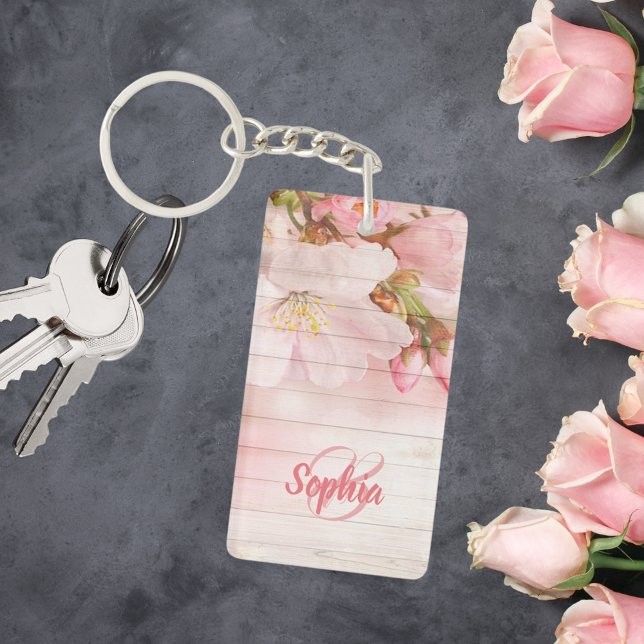 Pink pastel cherry florals monogram keychain (Creator Uploaded)