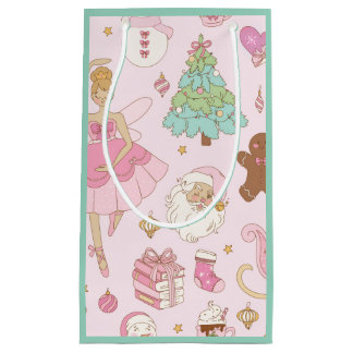 Pink Pastel Christmas Ballerina and Santa Small Gift Bag
