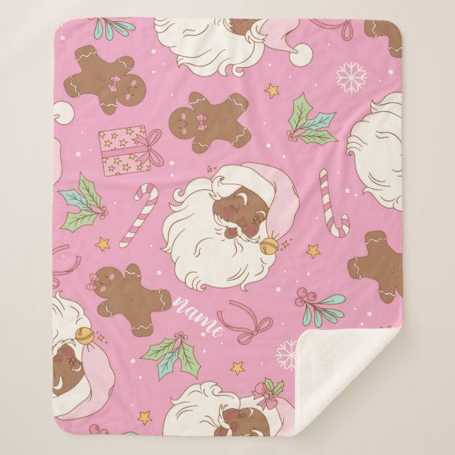 Pink Pastel Christmas Black Santa & Ballerina Sherpa Blanket (Front)