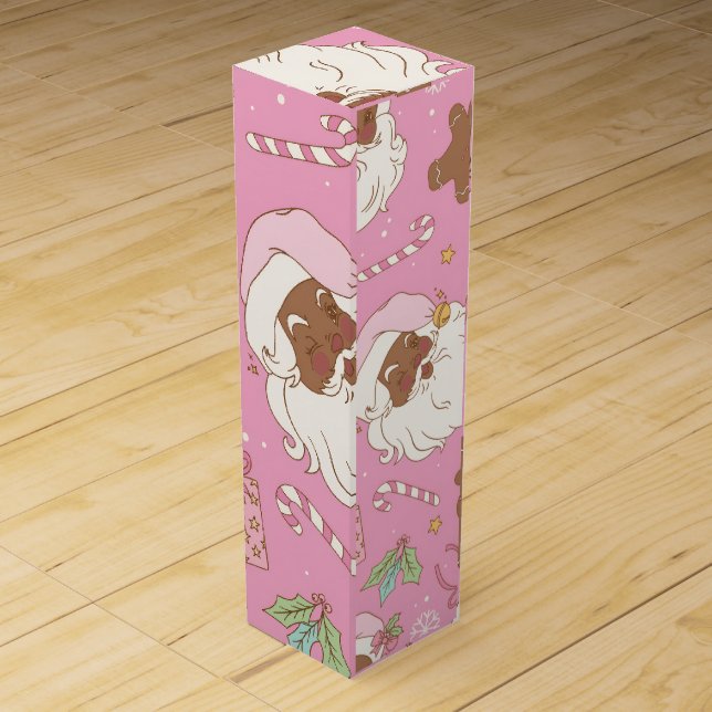 Pink Pastel Christmas Black Santa & Ballerina Wine Box (Front)