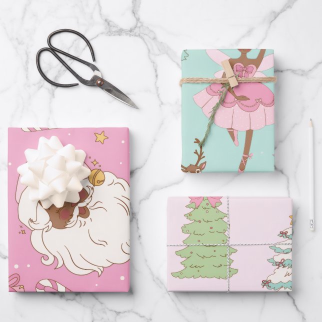 Pink Pastel Christmas Black Santa & Ballerina Wrapping Paper Sheets (Front)