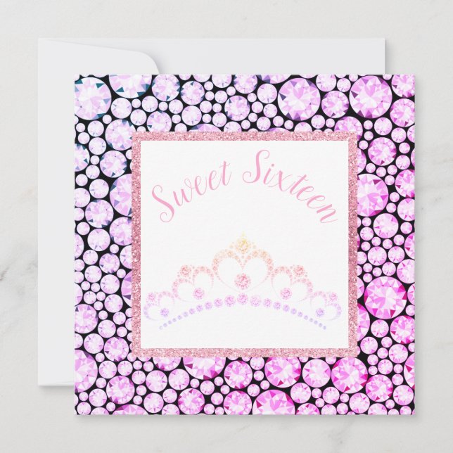 PINK PASTEL DIAMOND PRINCESS TIARA SIXTEEN INVITATION (Front)