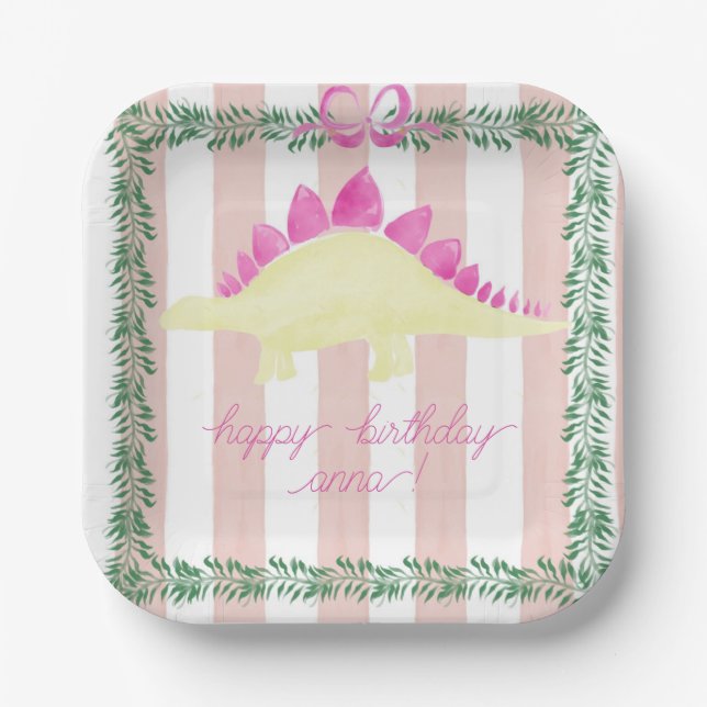 Pink Pastel Dinosaur Birthday Party Plate (Front)