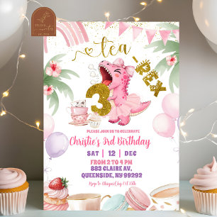 Pink Pastel Dinosaur tea-rex 3rd birthday Invitation