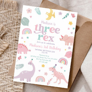 Pink Pastel Dinosaur Third Birthday Invitation