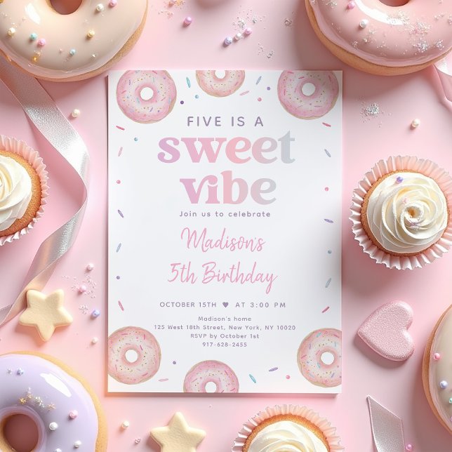 Pink Pastel Donut Five is a Sweet Vibe Birthday Invitation (Creator Uploaded)