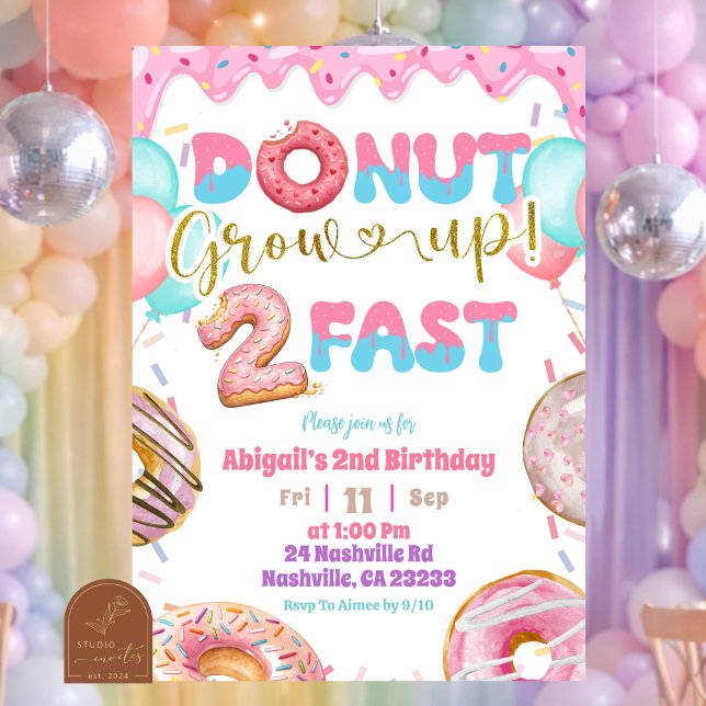 Pink Pastel Donut Grow Up Two Fast Second Birthday Invitation (Creator Uploaded)
