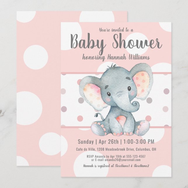 Pink Pastel Dots Cute Elephant Baby Shower Invitation (Front/Back)
