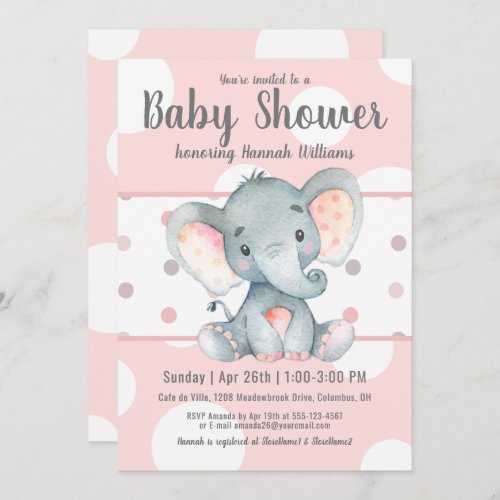 Pink Pastel Dots Cute Elephant Baby Shower Invitation