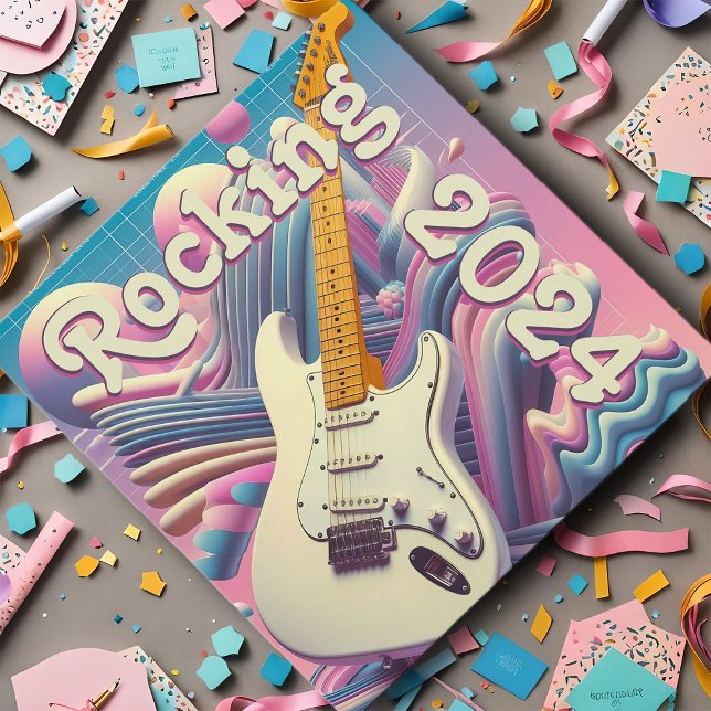 Pink Pastel Electric Guitar Y2K Vaporwave Musician Graduation Cap Topper (Pink electric guitar rocking graduation cap topper with music theme and y2k pastel colors.)